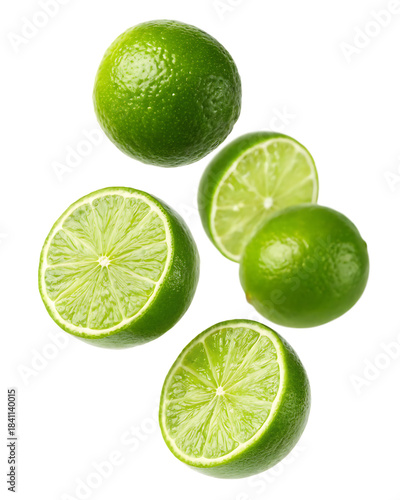 Fresh green limes, whole and sliced, falling. zesty citrus fruit