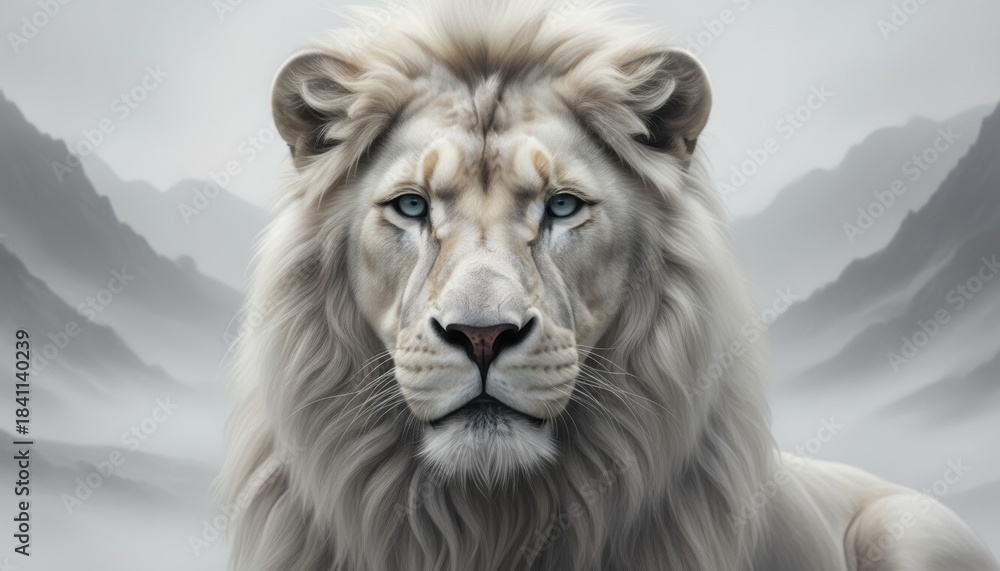 Fototapeta premium A pale neutral lion framed by soft diffused misty mountains creating a serene contemplative atmosphere with gentle light emphasizing purity calm and quiet strength
