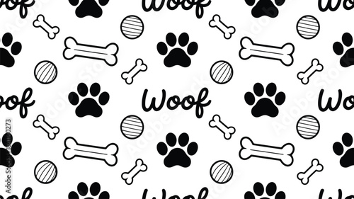 A playful black and white pattern with dog paw prints and bones on a clean background