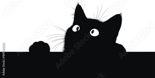 A playful black cat with large white eyes curiously peeking over a dark hidden surface