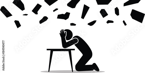 A silhouette of a person kneeling in distress with hands on head as debris falls