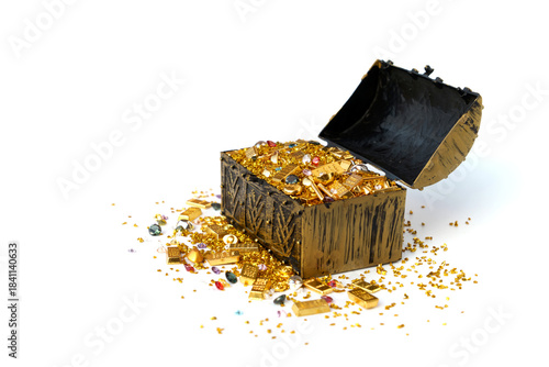 Golden ancient pirate treasure chest that is opened revealing chinese gold ingot bars scattered pile of gold pieces and sparkling colorful cut diamonds isolated on white background.
