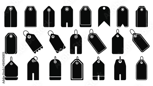 Flat lay of various black price tags and labels on a white background with a graphic design style.