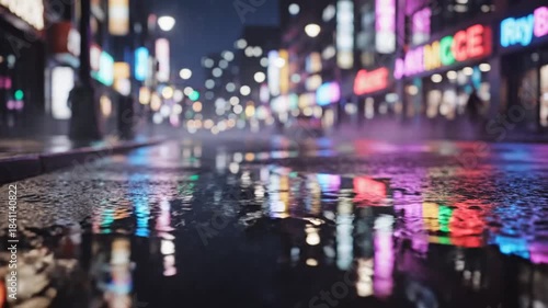 City street at night with neon lights reflected on wet pavement. Soft, blurred focus