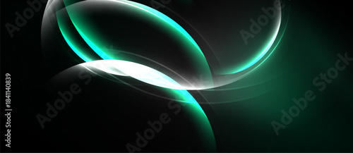 Abstract design features flowing curves, vibrant teal hues, bright white center. Dark background emphasizes luminous shapes, creating dynamic visual effect.