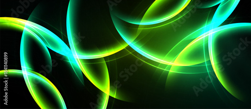 Abstract luminous curves, vibrant green hues dominate dark background. Dynamic composition creates flowing energy, modern aesthetic.