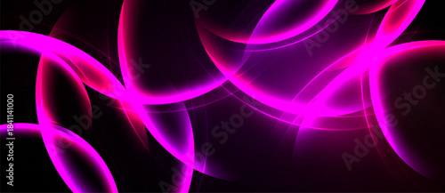 Abstract pink neon lines flow over dark purple background. Smooth curves create dynamic, glowing visual effect. Modern design.