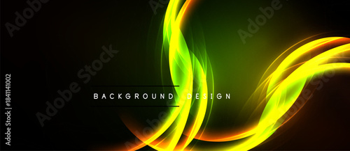 Bright yellow, green waves flow over dark background. Modern design features smooth curves, vibrant colors. Text reads background design.