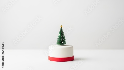 White frosted mini Christmas cake with green tree topper and golden star, minimalist festive dessert on red base, perfect modern centerpiece for cozy winter holiday party table styling

