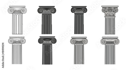 Set of eight different architectural column capitals in various metallic colors on a white background.