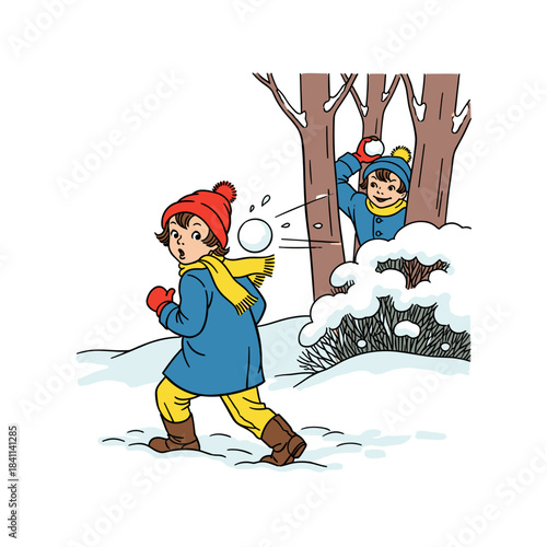 Kids having a fun snowball fight in park during wintertime  