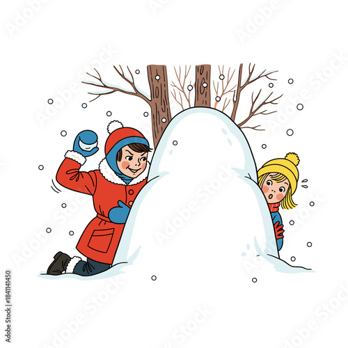 Kids having a fun snowball fight in park with snowdrift in winter  
