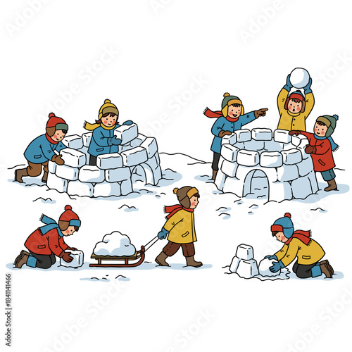Kids building snow forts and having fun during winter in the park  