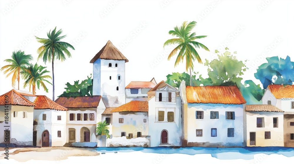 Obraz premium Lamu Old Town. Lamu Old Town hand drawn watercolor illustration on white background