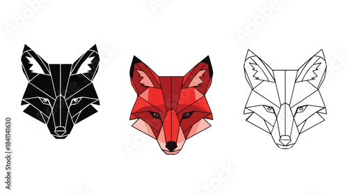 Geometric fox head illustrations in black, red, and white on a plain background.