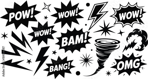 A vibrant collection of comic book style speech bubbles with energetic exclamations and dynamic elements