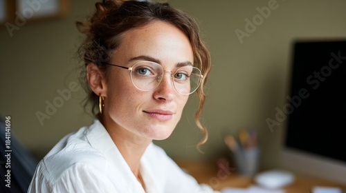 Woman wearing glasses, sitting at a desk in an office.