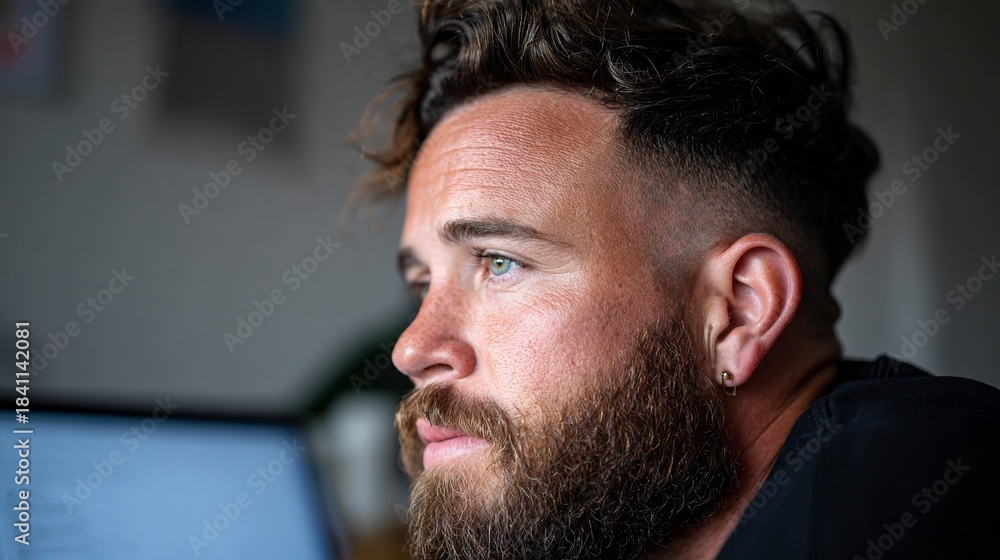 Obraz premium Man with beard and mustache looking intently at something off-camera.