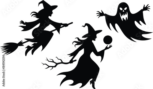 Black silhouettes portray a witch on a broom, a witch with orb and staff, and a scary ghost