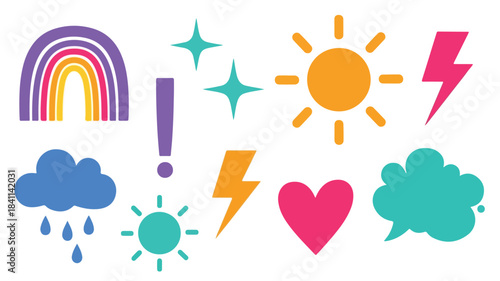 Colorful flat lay of various emotive and weather icons on a white background with a vibrant and playful mood.