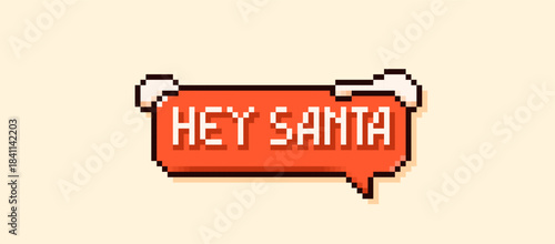 Hey Santa Christmas pixel art speech bubble with snow piles.