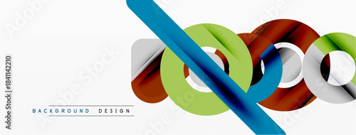 Abstract geometric shapes overlap. Blue lines intersect colorful circles, creating modern design element. White background provides contrast.