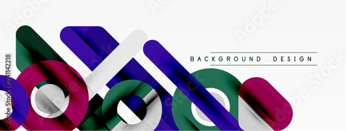 Abstract geometric shapes overlap, creating dynamic composition. Purple, green, red hues dominate white background. Modern design element.