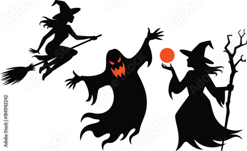 Classic Halloween character silhouettes featuring a witch riding a broomstick and a spooky ghost
