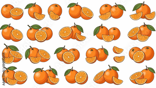 Fresh Ripe Oranges and Slices, Vibrant Citrus Fruits Collection Illustration
