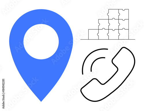 Communication concept. Communication ed by icons thumbs up a location pin, phone call symbol, and puzzle pieces. Communication efficiency and team collaboration concepts. For networking, teamwork
