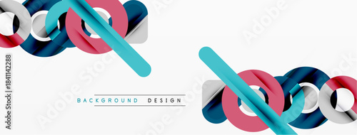 Abstract design features layered ribbons, pink, blue, silver hues. Minimalist style, modern aesthetic, clean lines present. Background elements create dynamic composition.