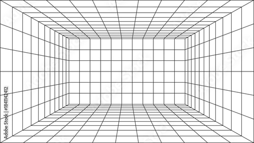 3D wireframe perspective grid room template design vector illustration background. Empty three dimensional virtual room perspective wireframe grid geometric sketch. Cyber virtual line interior frame.