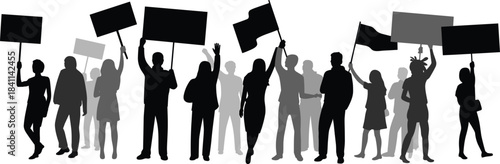 Crowd of protesting people silhouettes holding signs and waving flags in powerful demonstration scene designed for social activism vector illustration projects