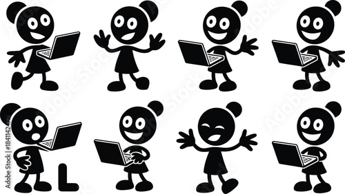 Collection of eight black stick figures featuring cheerful women interacting with laptops and gesturing