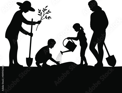 Family gardening silhouette illustration showing teamwork in planting, watering, and nurturing young plants as a symbol of community, growth, and environmental care