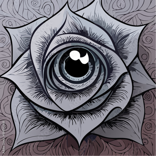 Mysterious blooming rose with a watchful eye at its core, a captivating symbol of spiritual insight and hidden perception in an intricate, dark fantasy art style