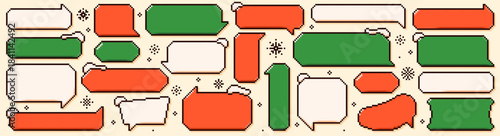 Set of Christmas pixel art empty speech bubbles. Red and green text clouds with snowy peaks and festive phrases.
