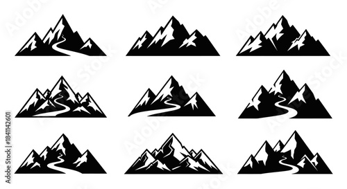 Collection of Mountain Landscape Icons with River, Peak and Adventurous Nature Black and White Silhouette Clip Art