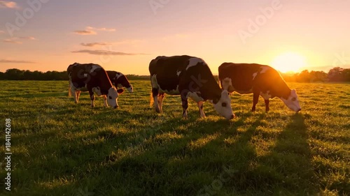 Cows grazing in a field at sunset, with golden light and a calm, peaceful atmosphere