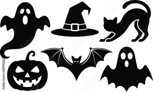 Diverse black Halloween silhouettes collection with ghosts a witch hat a cat a pumpkin and a bat