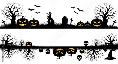 Spooky Halloween Border Elements with Pumpkins, Trees, and Gravestones Silhouettes