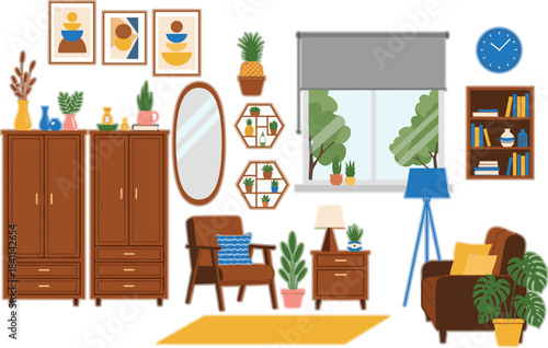 Modern Flat Design Vector Illustration of a Cozy Living Room Interior with Stylish Furniture, Plants, Abstract Wall Art