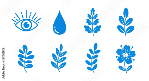 Blue Eye, Water Drop, Leaves, and Flower Nature-Inspired Graphic Elements
