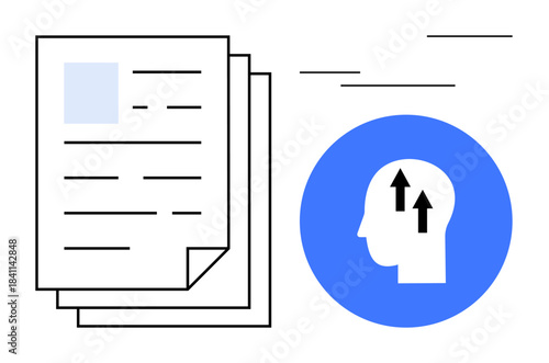 Document management. Digital files data and information processing. Knowledge growth by human head with arrows. For education, business, technology, innovation, research