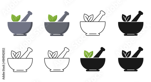 A collection of eight mortar and pestle icons with leaves, depicted in various styles including flat, filled, and outline designs.