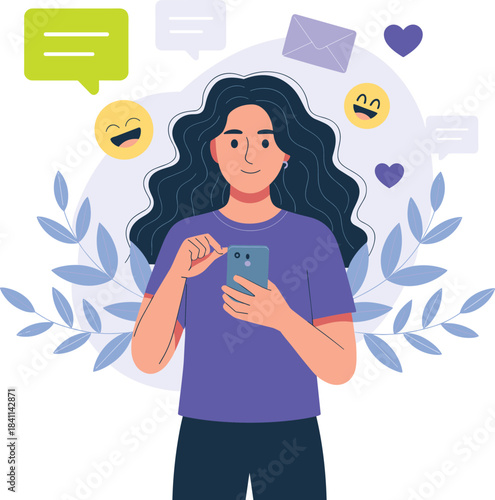 Vibrant illustration of young woman using smartphone with chat messages, emojis, and social interaction icons surrounding her in modern digital communication scene