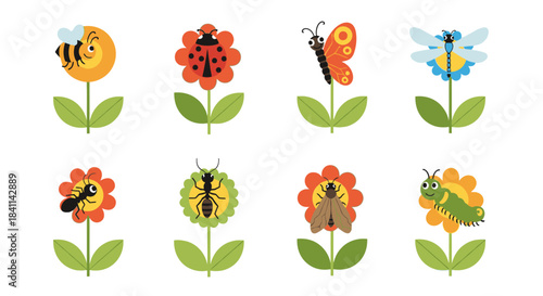 Cute cartoon insects on colorful flowers, a collection of various bugs and their floral habitats.