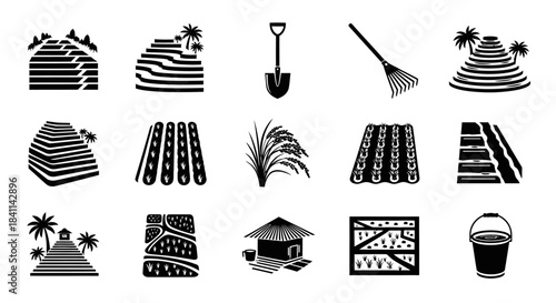 Agricultural Icons Cultivation, Tools, and Traditional Farming Symbols Set