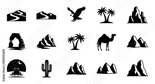 A collection of black and white icons depicting desert landscapes, mountains, wildlife like eagles and camels, and desert flora such as palm trees and cacti.