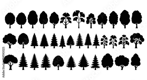 A comprehensive collection of various tree silhouettes in black, showcasing different shapes and species for design elements.